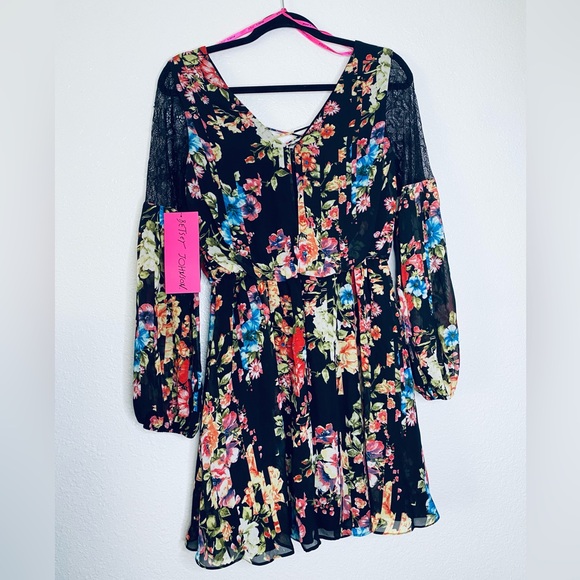 Betsey Johnson NEW Floral Tie Front Lace Peasant Sleeves Chiffon Mini Dress 2 - Picture 2 of 10